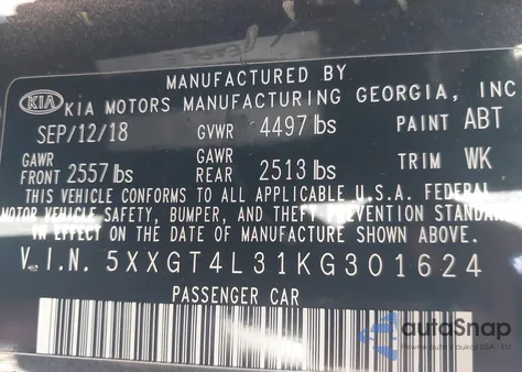 2019 Kia Optima Lx from USA, damaged, VIN 5XXGT4L31KG301624